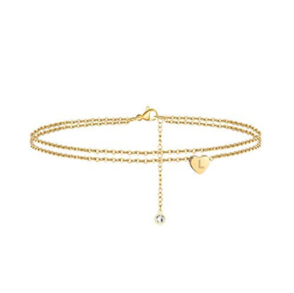 Heart Initial Ankle Bracelets for Women, 14K Gold Filled Handmade Dainty Layered Anklet Letter Initial Heart Ankle Bracelets for Women Beach Jewelry Gifts - style: L