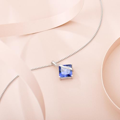 Square Princess Cut Necklace 925 Sterling Silver Solitaire Pendant Necklace Birthstone Jewelry Gifts for Women - color: 12 December - Tanzanite