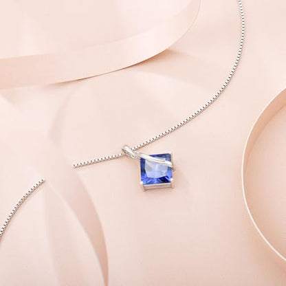 Square Princess Cut Necklace 925 Sterling Silver Solitaire Pendant Necklace Birthstone Jewelry Gifts for Women - color: 12 December - Tanzanite