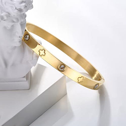 PDWZNBA 18K Gold-Plated Love Friendship Bracelets Trendy Stainless Steel Bangle Jewelry Gifts for Women - style: Clover-Gold