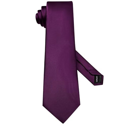 Hi-Tie 5Pcs Mens Solid Color Silk Tie Satin Pretied Bowtie Lapel Pin for Men Handkerchief Cufflink Wedding Gift Box - color: Dark Purple