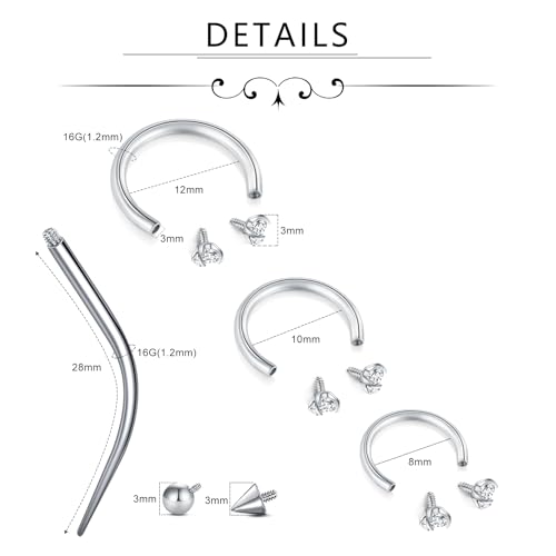 D.Bella 16G Horseshoe Septum Ring Surgical Steel Nose Hoop CZ Earring Eyebrow Lip Tragus Helix Daith Piercing Jewelry for Women Men 8-12mm - color: silver