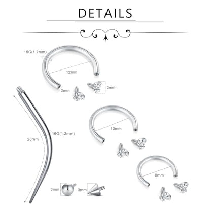 D.Bella 16G Horseshoe Septum Ring Surgical Steel Nose Hoop CZ Earring Eyebrow Lip Tragus Helix Daith Piercing Jewelry for Women Men 8-12mm - color: silver