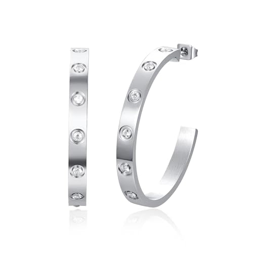 Love Friendship Hoop Earrings Set for Women 18K Gold and Silver Stainless Steel with Cubic Zirconia Stones Jewelry - style: One pair - Silver