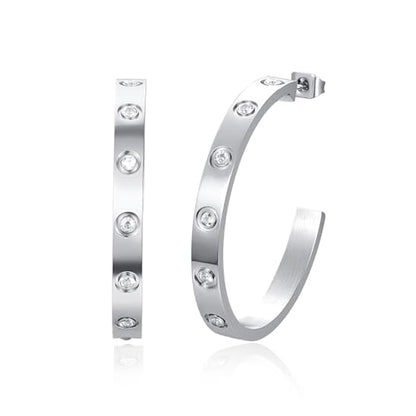 Love Friendship Hoop Earrings Set for Women 18K Gold and Silver Stainless Steel with Cubic Zirconia Stones Jewelry - style: One pair - Silver