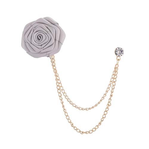 Bridegroom Wedding Brooch, Rose Flower Brooch Lapel Pin Badge Tassel Chain for Men Suit Accessories, Cloth Art Handmade Jewelry - color: Grey