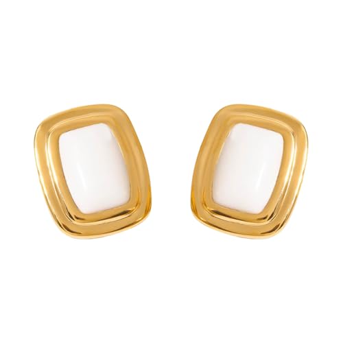 Chunky Rectangle Black Onyx Big Stud Earrings for Women Vintage Stainless Steel 14k Gold Plated Square Geometric Statement Studs Sensitive Ears Hypoallergenic Fashion Trendy Jewelry for Her - color: White