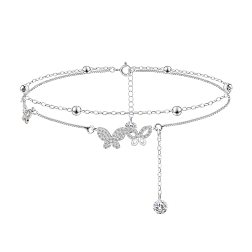 Silver Ankle Bracelets for Women, Butterfly/Stars Cute Charm Anklet, 14K Gold Plated Layered Chain Anklets for Women Teen Girls - style: Butterfly