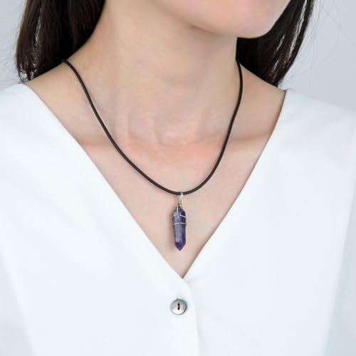 Adabele 1pc Natural Gemstone Bullet Pendant Necklace 18 Inch Crystal Stone Quartz Reiki Chakra Energy Rock PU Leather Cord Necklace Waterproof Women Jewelry - color: Amethyst (purple crystal)