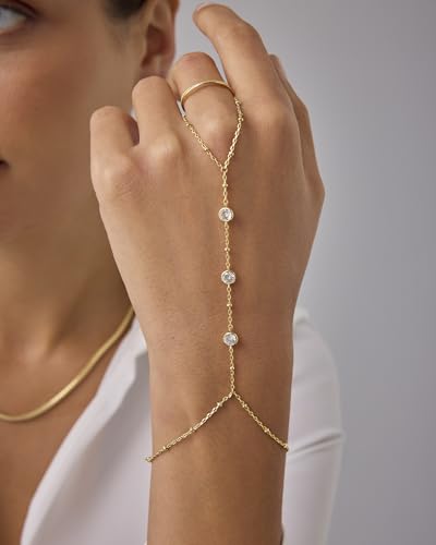 PAVOI Hand Chain Bracelet for Women, 14K Gold Plated Adjustable Ring Chain | Hand Chain Bracelet, Ring Bracelet Hand Chain, Arm & Body Jewelry - style: Bezel