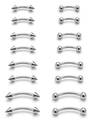16-Piece 16G Curved Barbell Eyebrow Rings, Ball/Spike, 6-12mm | Hypoallergenic 316L steel with 3mm ball and spike ends for eyebrow, rook, vertical labret, lip, navel and daith piercings