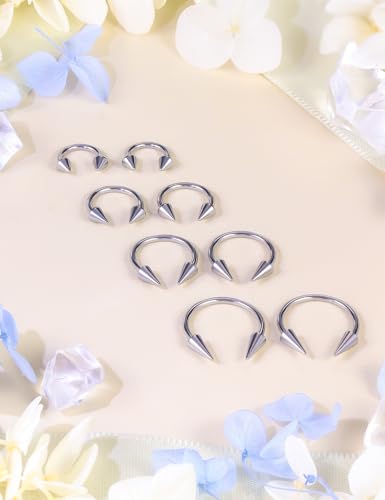 Long Spike Septum Rings 16G Surgical Steel Snake Bite Jewelry Lip Rings Smiley Piercing Jewelry for Women Men 6mm/8mm/10mm/12mm - color: silver-tone,8pcs,16g,Dia.6-12mm