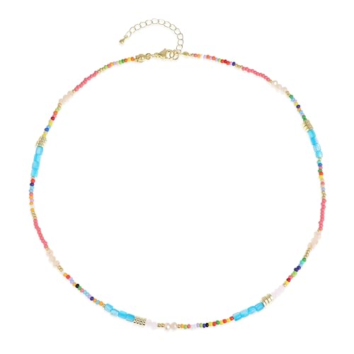 Gold Seed Beaded Necklaces for Women, Boho Handmade Adjustable Colorful Beads Choker Summer Beach Jewelry Gift. - color: Blue Pink