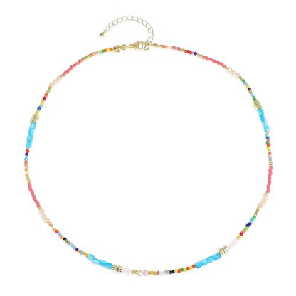 Gold Seed Beaded Necklaces for Women, Boho Handmade Adjustable Colorful Beads Choker Summer Beach Jewelry Gift. - color: Blue Pink