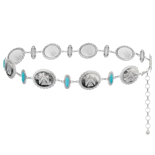 Montana West Rustic Couture's Turquoise Western Concho Chain Belt for Women | Large Western Cowgirl Metal Adjustable Boho Body Chain Belt for Dresses Jeans Country Concert - color: Brilliant Turquoise