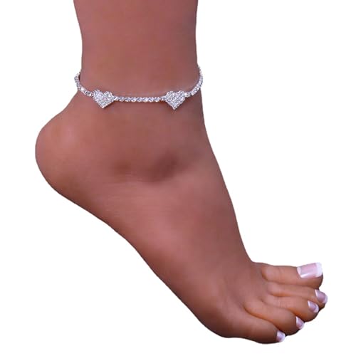 Fesciory Silver Ankle Bracelets for Women, Adjustable Rhinestone Pendant Tennis Anklet, Butterfly Heart Infinite Diamond Summer Beach Foot Chain Jewelry Gifts - style: Solid Heart3