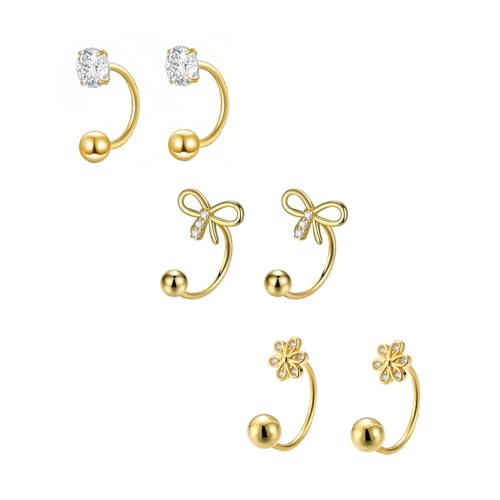 Gold Half Hoop Earrings for Women Poke Free Dainty Flower Diamond CZ Heart Huggies Backless Earrings Stay Closed Hoop No Back Screw Back Small Stud Gifts Trendy Fashion - color: Gold-CZ & Bow & Flower