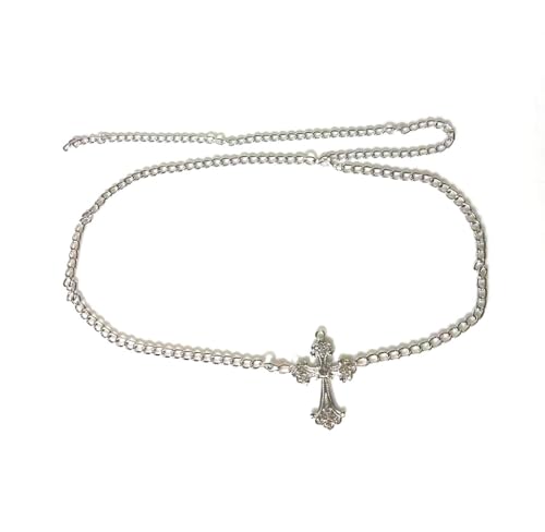 Silver Rhinestone Cross Waist Chain Body Chain, Vintage Gothic Style, Adjustable, 40 Inch