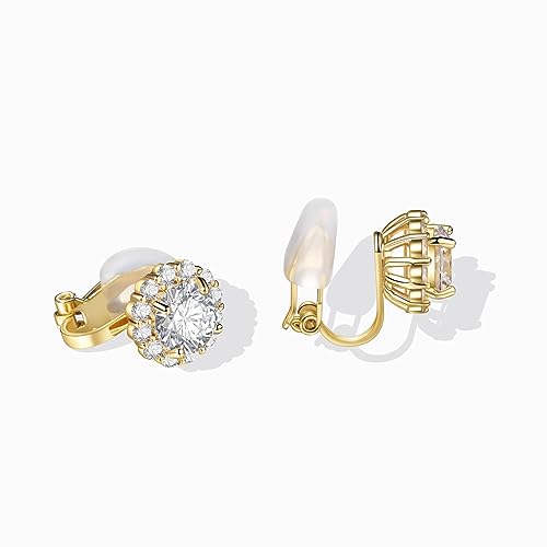 Clip on Earrings Women, 14K Gold Hoop Clip-On Earrings for Women, Hypoallergenic Non Pierced Croissant Earrings - color: Gold Cubic Zirconia