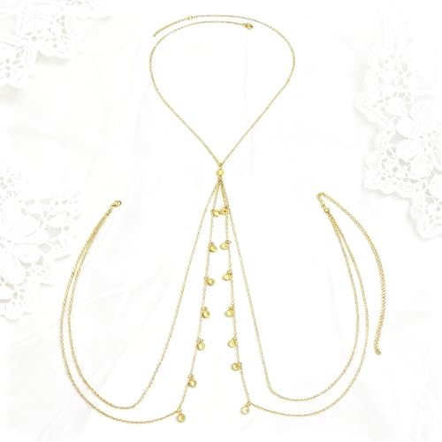 Gold Body Jewelry Rhinestone Bra Chain Layered Bikini Body Chain Bohemian Crystal Festival Waist Jewelry Summer Beach Chest Chain
