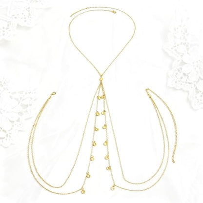 Gold Body Jewelry Rhinestone Bra Chain Layered Bikini Body Chain Bohemian Crystal Festival Waist Jewelry Summer Beach Chest Chain