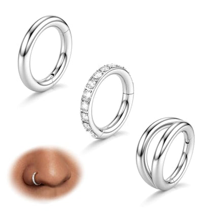 BodyBonita 3pcs Nose Rings Hoops - Double Hoop Nose Ring 14/16/18/20G Hinged CZ Piercing Jewelry Septum Clicker Rings Cartilage Earring Helix Rook Tragus Daith 7mm/8mm/9mm/10mm - color: Silver, size: 14 gauge-7mm