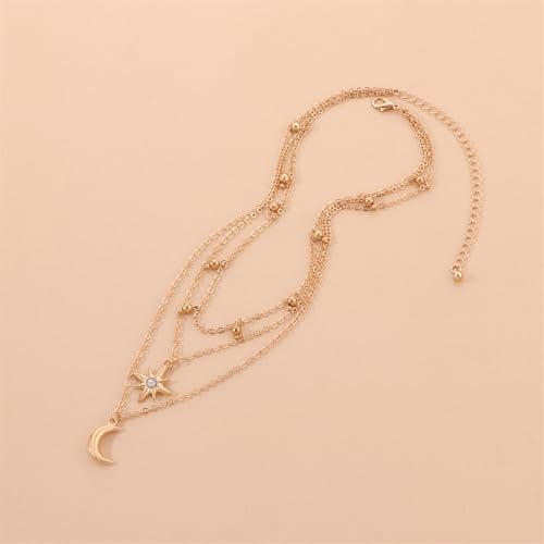 Layered Moon Star Crystal Necklace Gold Silver Plated Boho Charm Crescent Lucky Stars Small Bell Tassel Sparkly Rhinestone Cubic Zirconia Chain Necklace for Women Christmas Birthday Trendy Jewelry Gifts - color: Gold necklace