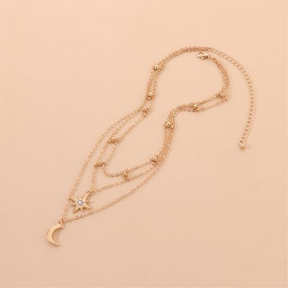Layered Moon Star Crystal Necklace Gold Silver Plated Boho Charm Crescent Lucky Stars Small Bell Tassel Sparkly Rhinestone Cubic Zirconia Chain Necklace for Women Christmas Birthday Trendy Jewelry Gifts - color: Gold necklace