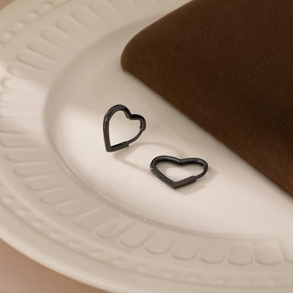 Reffeer Solid 925 Sterling Silver Heart Earrings Hoop Minimalist Sleeper Huggie Earrings For Women - color: D-VBlack