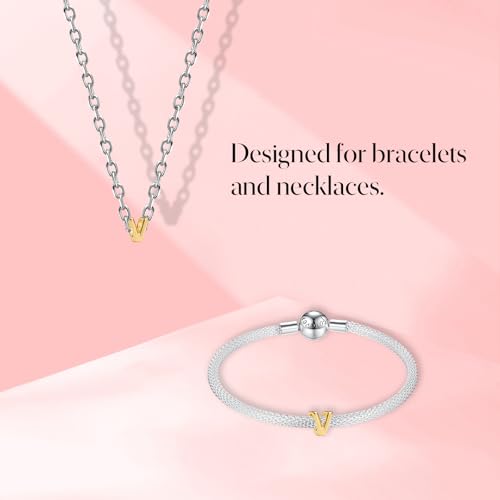 S925 A-Z Bead Charms,Initial Letter Alphabet, 14K Gold Plated, for Bracelet Necklace, Gift for Mothers Nurses Day Graduation Birthday Anniversary, for Girlfriend Family Friend, for Pandora - style: V