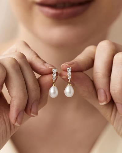 Pearl Earrings for Women Trendy Dainty Wedding Earring 14K Gold Plated/Silver Plated Dainty Cute Drop Dangle Pearl Earrings Studs Hypoallergenic CZ Diamond Wedding Earrings for Brides Prom Jewelry Gift for Women - color: 03.Gold long