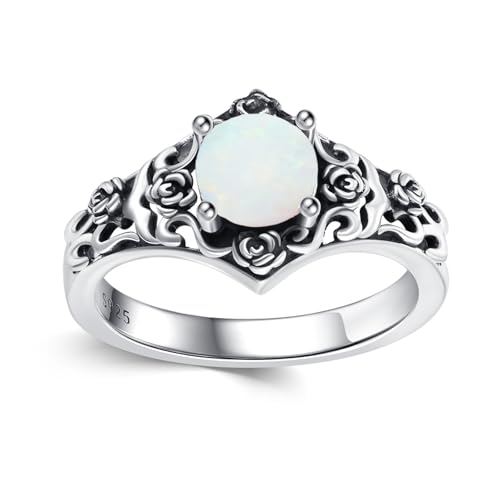 Vintage Style 1 Carat Round Cut Birthstone Ring 925 Sterling Silver Stone with Oxidized Rose Filigree Anniversary Engagement Ring for Women Gifts Size 5-12 - color: Opal