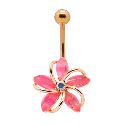 VERAMI 14G 316L Flower Belly Button Ring Surgical Steel Cute Flower Belly Button Ring Body Piercing Jewelry - color: Rose Glod-Pink