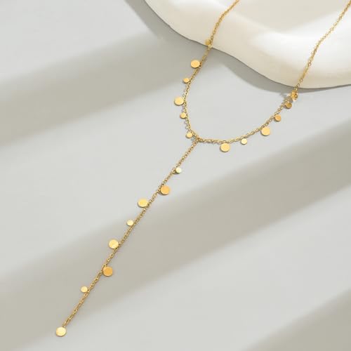 18K Gold Plated Minimalist Drop Y-Shaped Necklace for Women | Simple Lariat Necklace, Minimalist Everyday Jewelry,Y-Shaped Necklace - style: Y Coin Dangle-Gold