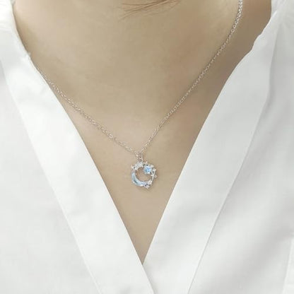Silver Moon and Star Necklace for Women,Dainty CZ Crescent Pendant, Jewelry Gift for Birthday, Anniversary, Mother’s Day