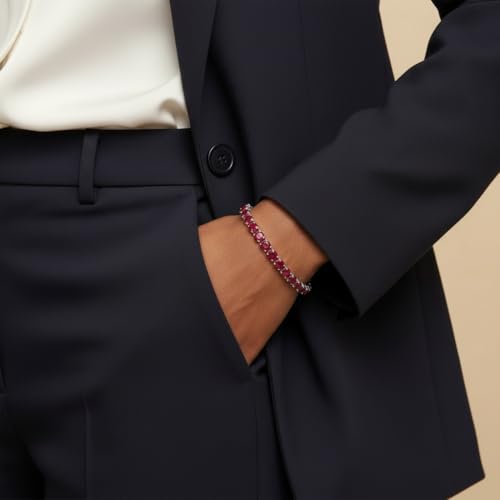 KEZEF Tennis Bracelet for Women, 7mm Round CZ, Silver Plated Brass, 6.5–8 Inch, Fold-Over Clasp - color: Simulated Red Ruby, size: 8 Inch