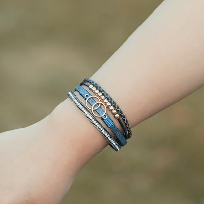 Chunky Boho Leather Wrap Bracelets Cowgirl Beaded Circle Western Jewelry | Stackable Infinity Layered Bohemian Magnetic Clasp Cuff Statement Fashion Colorful Country Hippie Outfits for Women Trendy - color: Navy Blue