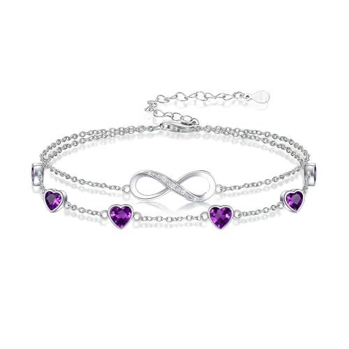 Prismata Infinity Birthstone Charm Link Bracelet/Anklet 925 Sterling Silver Adjustable 12 Months Birthstone Infinity Bracelet/Anklet Birthday Jewelry Gifts for Women Her - color: 02-February, size: 9‘+2’ Anklet
