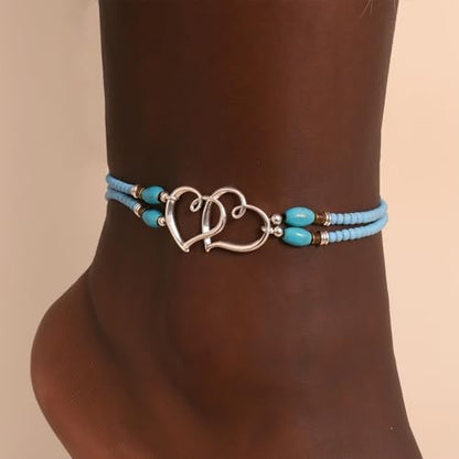 Elastic Beaded Ankle Bracelets for Women Double Heart Layered Stretch Ankle Bracelets Waterproof Dainty Boho Beaded Anklets for Summer Beach Foot Jewelry - color: Blue Silver