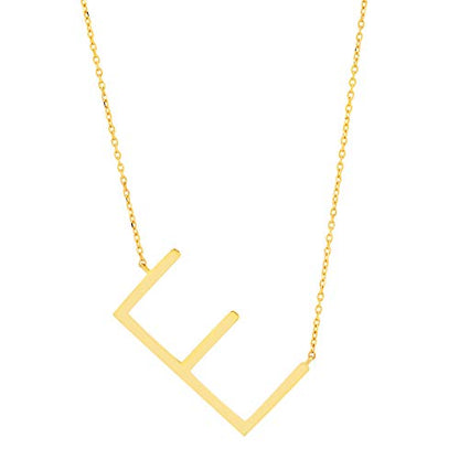 MAX + STONE 14k Gold Plated Sterling Silver Large Sideways Block Initial Letter Pendant Necklace for Woman with 16 Inches to 18 Inches Adjustable Chain and Spring Ring Clasp - style: Letter E