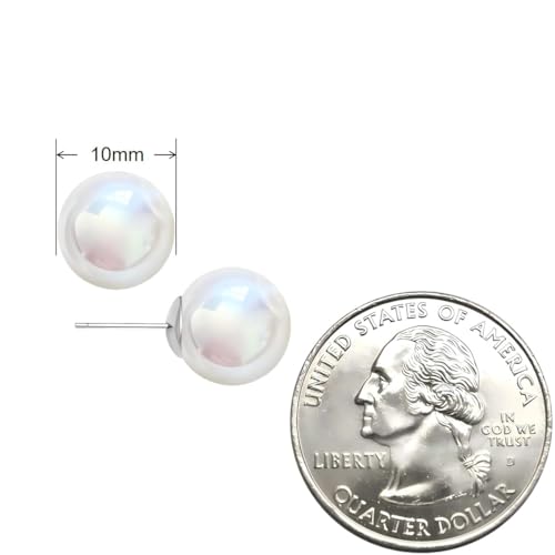 White Faux Pearl Stud Earrings, S925 Silver Posts Hypoallergenic for Women - color: Pinkish White, size: 10mm