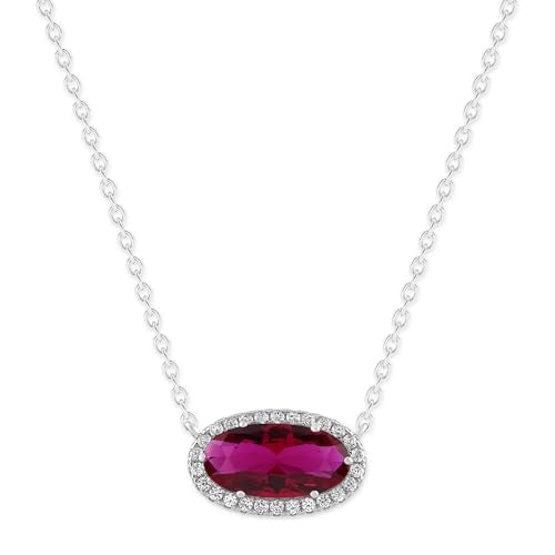 Belacqua Gemstone Necklace in Sterling Silver,Halo Pendant with Accent, Oval Cut 6 * 12mm, 15" Cable Chain with 2" Extender, Spring Ring Clasp, Dainty Birthstone Necklace for Women, Gift Box Included - color: 07-July-Siam Ruby Red