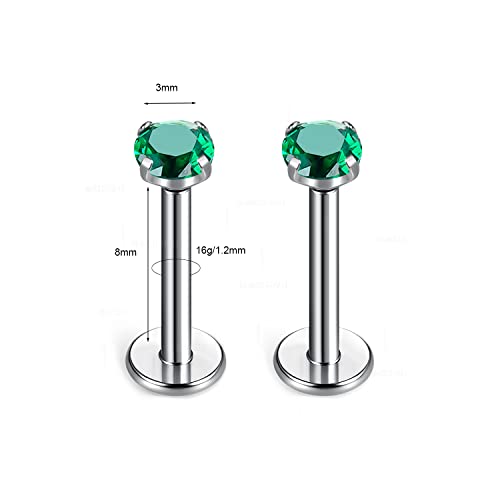 BelezaDosas G23 Titanium Labret Studs Threadless 16G Lip Rook Lobe Tragus Helix Cartilage Push Back Earring Piercing Jewelry - style: 1 pair Emerald