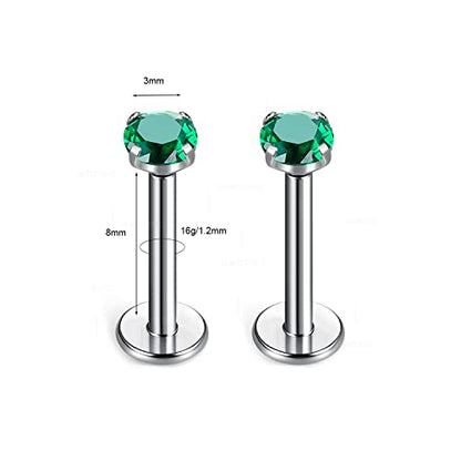 BelezaDosas G23 Titanium Labret Studs Threadless 16G Lip Rook Lobe Tragus Helix Cartilage Push Back Earring Piercing Jewelry - style: 1 pair Emerald