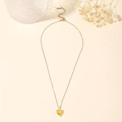 Heart Birthstone Necklace for Women, 14K Gold Plated Birthstone Pendant Necklace Cubic Zirconia Diamond Necklace Dainty Gold Necklace Birthday Gifts for Women Girls - color: 11. November(Citrine)