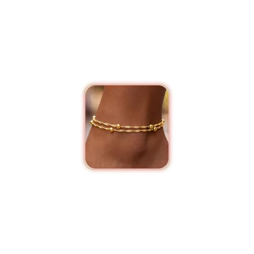 Dainty Layered Ankle Bracelets for Women Waterproof, 14K Gold/Silver Plated Anklets Beaded Satellite Chain Ankle Bracelet Set Trendy Beach Summer Fashion Jewelry Gift - style: Style 3