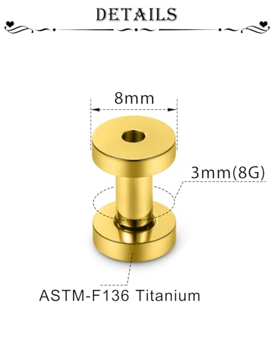 Astm F136 Titanium Ear Gauges Screw Fit Flesh Tunnels Plugs Gauges Earring Expander Stretcher Ear Tunnels For Ears 10G 8G 6G 4G 2G 0G 00G Plug Earrings Body Piercing Jewelry For Women Men - color: 8G Tunnels, Gold