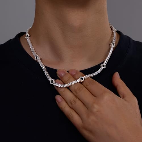 LuxeFlex 4mm Iced Out Four Leaf Tennis Chain,White Gold Plated with 5A Zircon Stones, exquisite Handmade Hip Hop Bling Necklace Perfect Unisex Jewelry Gift - color: White Gold, size: 18 INCH