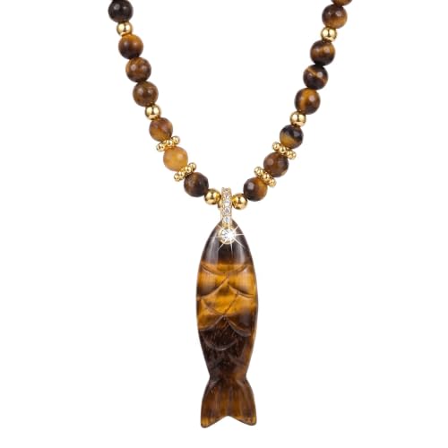 Natural Tiger Eye Fish Pendant Beaded Necklace for Women & Men | 16"+2" Adjustable | Handmade Dainty Protection Stone | Unisex Boho Beach Jewelry | Earthy Vintage Gift