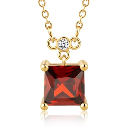 18K Gold-Plated Non Tarnish Birthstone Necklace for Women, 5A Princess Cut Cubic Zirconia Pendant, Birthday Anniversary Valentine's Gift, 18-20 Inches - color: 1-Jan-Deep Garnet